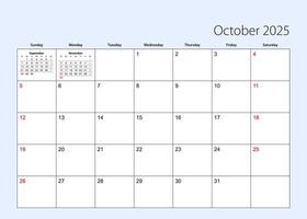 Wall calendar planner for October 2025. English language, week starts from Sunday. vector