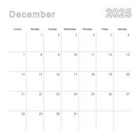 Simple wall calendar for December 2025 with dotted lines. The calendar is in English, week start from Sunday. vector