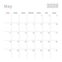 Simple wall calendar for May 2025 with dotted lines. The calendar is in English, week start from Sunday. vector
