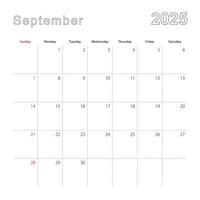 Simple wall calendar for September 2025 with dotted lines. The calendar is in English, week start from Sunday. vector