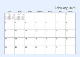 Wall calendar planner for February 2025. English language, week starts from Sunday. vector