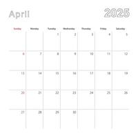 Simple wall calendar for April 2025 with dotted lines. The calendar is in English, week start from Sunday. vector