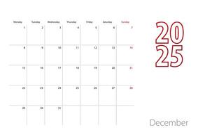 Calendar for December 2025 in modern design, planner template. vector