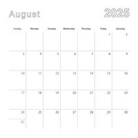 Simple wall calendar for August 2025 with dotted lines. The calendar is in English, week start from Sunday. vector