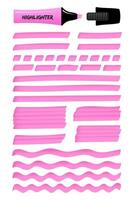 Highlighter permanent pen hand drawn objects set. Pink hand drawings with solid lines, wavy strokes, dotted stripes, and highlight marker sketchy rectangles. illustration for reminder note. vector