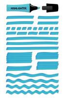Highlighter permanent pen blue hand drawn objects set. Highlight marker solid stripes, dashed or dotted lines, wavy strokes and sketchy rectangle hand drawing. illustration for text memo design vector