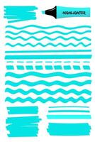 Highlighter permanent pen color hand drawn objects set. Flat blue illustration with scribbled rectangle, wavy lines, solid stripes and sketchy dashed or dotted strokes highlight hand drawings vector