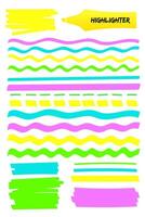 Set of highlighter brush pen hand drawn elements. Colorful highlight marker solid stripes, dashed or dotted lines, wavy strokes and sketchy rectangle hand drawings. illustration for memo note. vector
