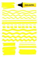Set of highlighter brush hand drawn elements. Yellow scribbled box with wavy lines, solid stripes and sketchy dashed strokes hand drawings with highlight marker. illustration text memo design. vector