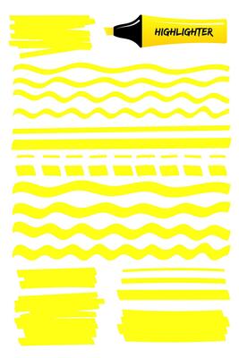 Set of highlighter brush hand drawn elements. Yellow scribbled box with wavy lines, solid stripes and sketchy dashed strokes hand drawings with highlight marker. illustration text memo design.