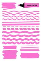 Pink hand drawn highlighter brush graphic set. Flat scribbled box with wavy lines, solid stripes and dotted strokes hand drawings with highlight permanent pen. illustration for reminder note. vector