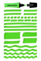 Set of highlighter brush pen hand drawn elements. Green layered hand drawings with solid lines, wavy strokes, and highlight marker sketchy rectangles. illustration for school education material vector