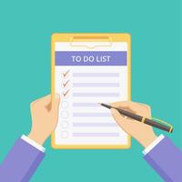 Todo list on clipboard with hands illustration. Checklist document with task to do on board with paper clip. Flat man hands holding pen and clipboard with todo list on green background. vector