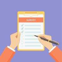 Survey form on clipboard with hands illustration. Customer feedback list with checklist on board with paper clip. Flat man hands holding pen and clipboard with survey list on violet background. vector