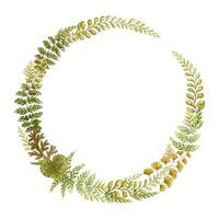 Round wreath with fern leaves botanical card template in earth tone. Hand drawn watercolor elegant floral frame. Perfect for the use of ecological material and sustainable designs. vector