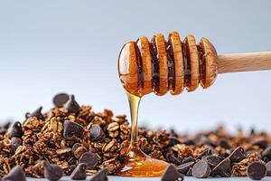 Macro shot of granola clusters topped with honey and dark chocolate, highlighting healthy snack concepts photo