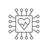 AI in healthcare line icon design. Implementation AI in health sector. Chip with heart and pulse line design vector