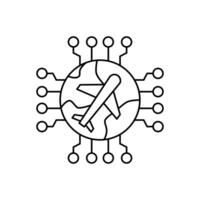 AI in travel line icon design. Implementation AI in travel sector. Plane and globe surrounded by circuits line design vector