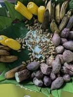 Traditional healthy snacks menu for parties in Indonesia, there are sweet corn, stewed peanuts, potatoes, bananas and breadfruit fresh from steamer. photo