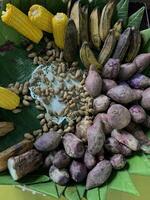Traditional healthy snacks menu for parties in Indonesia, there are sweet corn, stewed peanuts, potatoes, bananas and breadfruit fresh from steamer. photo