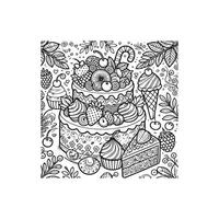 A coloring page with a cake and fruit vector