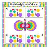Logic puzzle for children. Find the correct set of cartoon butterfly. Answer is B. vector