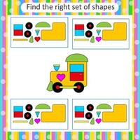 Logic puzzle for kids. Find the correct set of steam train. Preschool worksheet activity. vector