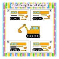Logic puzzle for kids. Find the correct set of excavator. Preschool worksheet activity. Answer is B. vector