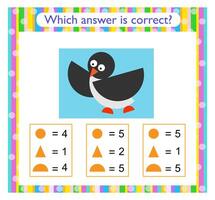 Math activity for kids. Need to find the correct answer. Cartoon penguin. vector