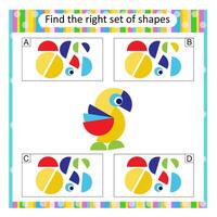 Logic puzzle for kids. Find the correct set of cartoon parrot. Preschool worksheet activity. Answer is C. vector