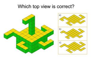 Logic puzzle for children. Which top view is correct IQ training test. Answer is C. vector