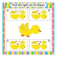 Logic puzzle for children. Find the correct set of cartoon duck. Answer is C. vector