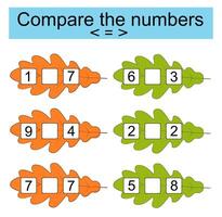 Math activity for kids. Compare the numbers. Number range up to 10. vector