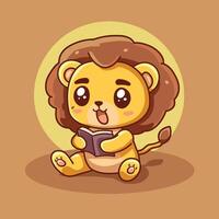 Cute cartoon lion cub sitting and reading a book with a surprised expression. vector