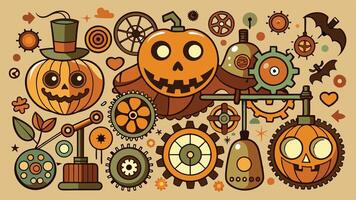 A vibrant Halloween-themed illustration featuring a pumpkin, bat, skull, and assorted gears against an orange background in a whimsical steampunk style vector