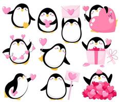 Collection of cute penguins with hearts, penguins for February 14. Valentine's Day. vector