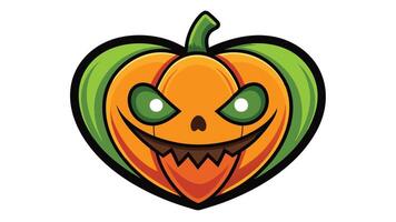 A mischievous cartoon pumpkin with a terrifying grin and spooky eyes, designed for Halloween celebrations, featuring vibrant orange and green colors in a playful style vector