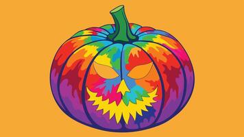 A colorful pumpkin with a whimsical design featuring a face, bow tie, and vivid rainbow colors set against a bright yellow background vector