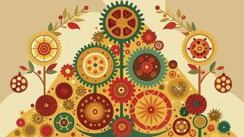 Colorful display of interlocking gears and cogs with autumn leaves, showcasing intricate mechanisms in a decorative arrangement vector