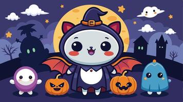Cute Halloween-themed character wearing a witch hat with pumpkins, friendly ghosts, and bats set against a colorful backdrop during the spooky season vector