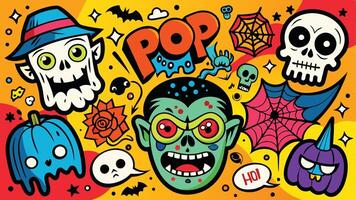Colorful cartoon-style illustration featuring playful skulls and spooky elements with a vibrant background full of shapes and colors vector