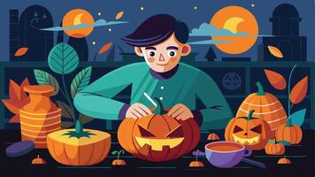 A person carves a jack-o'-lantern surrounded by various pumpkins on a cool autumn evening with a colorful night sky in the background vector
