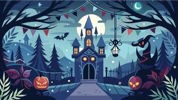 A spooky haunted house surrounded by dark trees and decorated with Halloween elements on a moonlit night vector