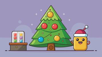 A cheerful Christmas scene featuring a decorated tree, colorful ornaments, a festive gift box, and a cute character in a Santa hat celebrating in a cozy setting vector