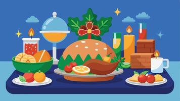 A festive table display featuring a large roasted turkey with assorted fruits, decorative candles, and seasonal decor set up for a holiday celebration in a cheerful atmosphere vector