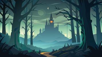 A mysterious castle rises under a crescent moon amidst foggy mountains and dark trees, creating an eerie atmosphere in a secluded forest vector