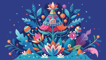 Vibrant floral illustration featuring colorful plants and abstract shapes in a harmonious design against a deep blue background vector
