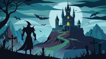 A mysterious figure stands silhouetted against a full moon, overlooking a haunted castle surrounded by bats and dark mountains at night vector