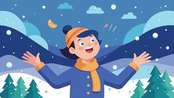 A joyful child enjoying snowfall while wearing a warm hat and scarf in a winter landscape with snowy trees and blue skies vector