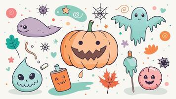 A colorful Halloween-themed illustration featuring playful ghosts, a smiling pumpkin, and whimsical elements scattered across a light background vector